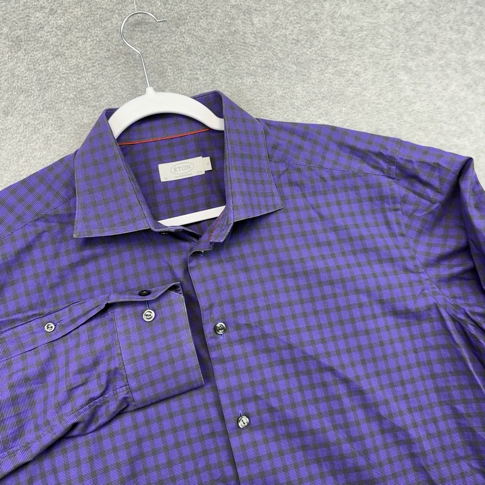 Eton Button-Up Dress Shirt Mens Size XL Purple Plaid Contemporary 17.5